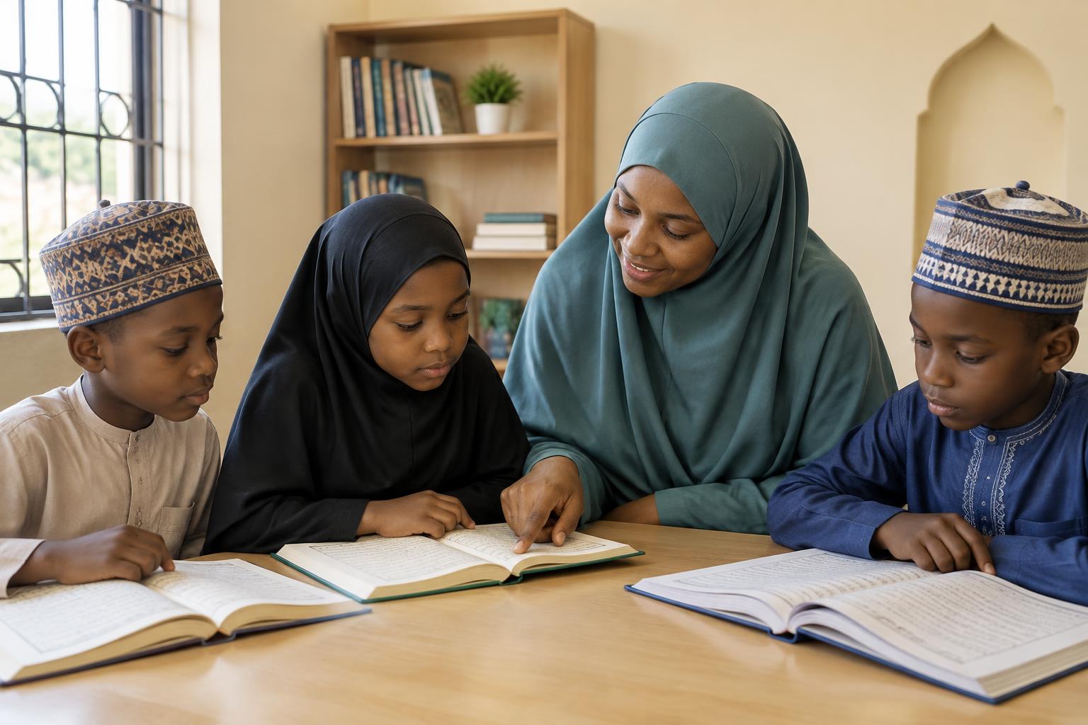 Illustration of children learning with a teacher